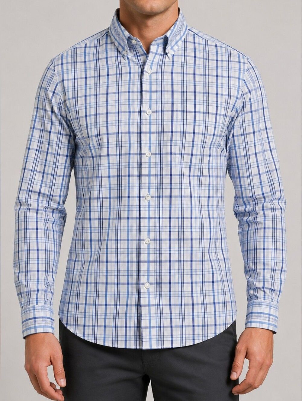 Duluth Trading Co. Men's Blue Plaid Wrinklefighter Relaxed Fit Long Sleeve Shirt